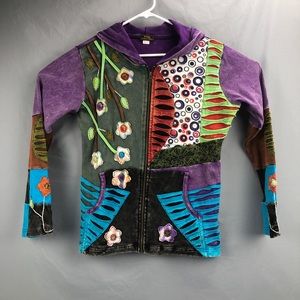 Rising International Patchwork Zip Up Hoodie Size Large Purple Gray Blue Green